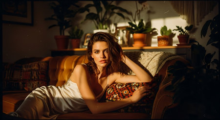 A young woman relaxing on a couch in a cozy living room with plantsの素材