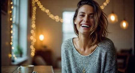 A happy woman laughing and enjoying a cup of coffee in a cozy cafeの素材