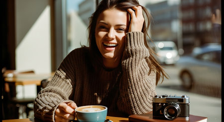 A young woman enjoying a cup of coffee at a cafe with a cameraの素材