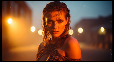 A beautiful woman standing alone in a city at night with street lightsの素材