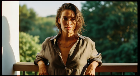 A woman stands on a balcony with a serene forest backgroundの素材