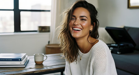 A young woman smiling and sitting in a cozy living room with a laptop and booksの素材