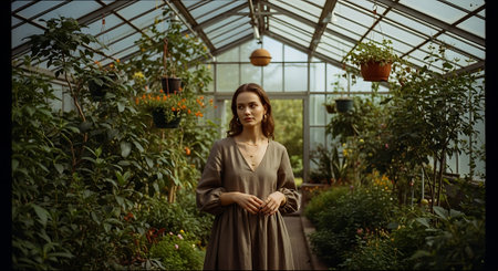 A woman standing in a lush greenhouse surrounded by vibrant plants and flowersの素材