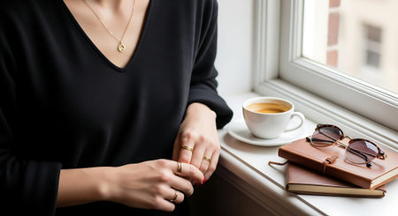 A woman in black clothing sitting by a window with coffee and accessoriesの素材
