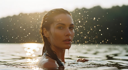 A serene woman enjoying a refreshing swim in a lake at sunsetの素材