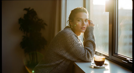 A woman sitting by a window with a cup of coffeeの素材