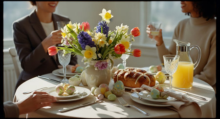 Two women enjoying a festive Easter brunch with flowers and foodの素材