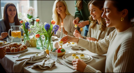 A group of happy women enjoying a meal together at a tableの素材