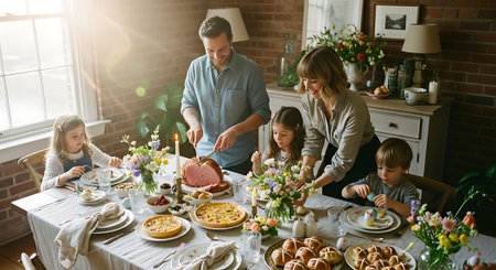 A family of five enjoying a meal together in a cozy dining roomの素材