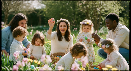 A diverse family with children enjoying an Easter egg hunt in a field of flowersの素材