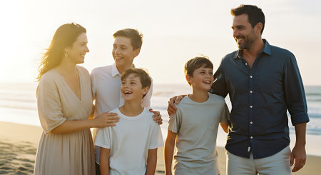 A happy family of five enjoying a beautiful beach at sunset togetherの素材