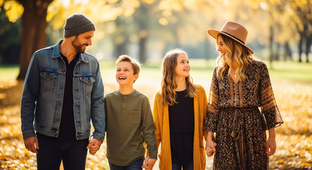 A happy family of four walking hand in hand on a sunny autumn dayの素材