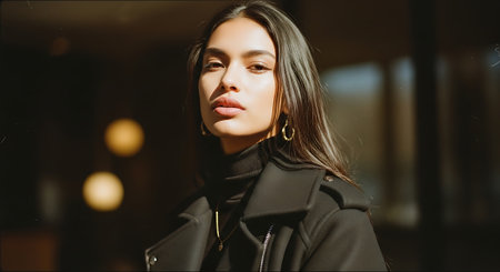 A young woman wearing a black coat and standing in a dark roomの素材