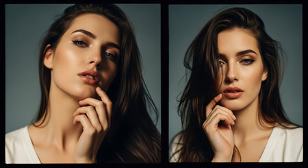 A beautiful woman with long brown hair posing in a studio settingの素材