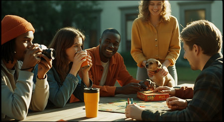 A group of friends playing board games outdoors with a dogの素材