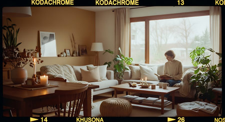 A man sits in a cozy living room with a large window and plantsの素材