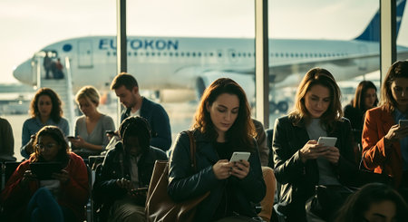 People sitting in an airport waiting area looking at their phonesの素材