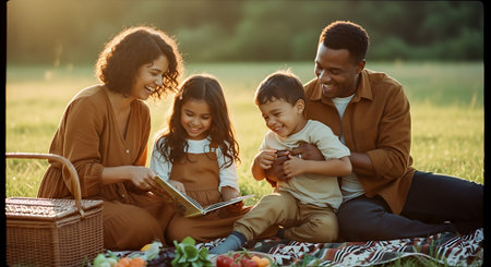 A happy family of four enjoying a picnic in a green fieldの素材