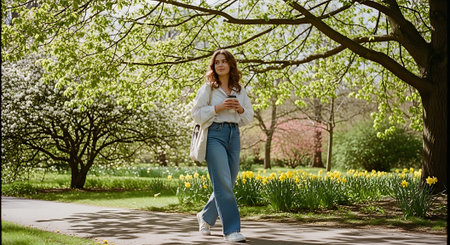 A young woman walking in a park on a sunny spring dayの素材