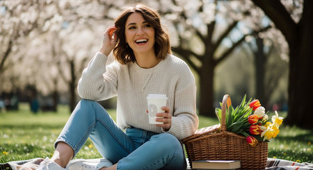 A young woman enjoying a picnic in a park with flowers and a cup of coffeeの素材
