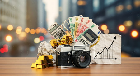A camera surrounded by gold bars, money, and financial documents on a tableの素材