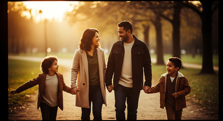 A happy family of four walking hand in hand through a park at sunsetの素材