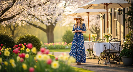 A woman in a blue dress walking through a beautiful garden with flowers and treesの素材