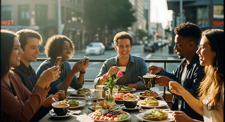 A group of diverse friends enjoying a meal together outdoors in the cityの素材