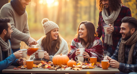 A group of friends enjoying a warm autumn gathering with coffee and pumpkinsの素材