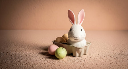 A white Easter bunny sitting in a carton with colorful eggs nearbyの素材
