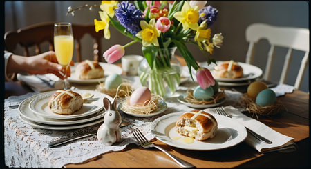 A beautifully set Easter table with food and flowersの素材