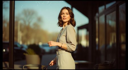 A young woman in a beige dress walking out of a modern buildingの素材