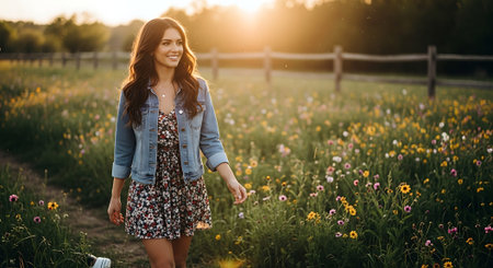 A young woman walking through a field of colorful wildflowers at sunsetの素材