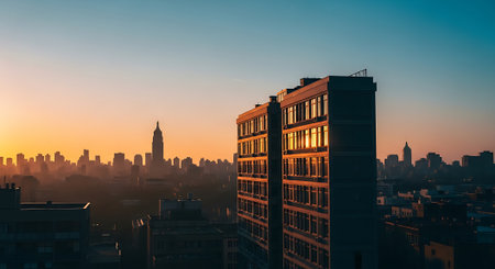 A serene cityscape at sunset with a tall building in the foregroundの素材