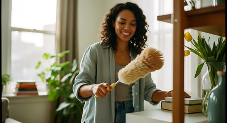 A smiling woman dusting a shelf with a fluffy duster in a bright roomの素材
