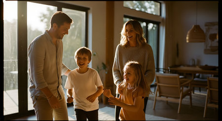 happy family with two kids running at home in the bright living roomの素材