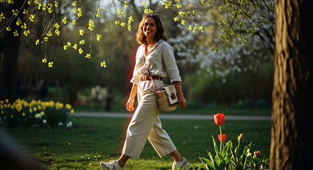 A smiling woman walking through a beautiful park with blooming flowersの素材