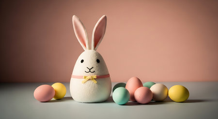 A cute white stuffed Easter bunny with colorful eggs on a tableの素材