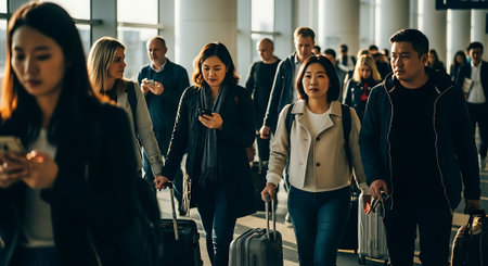 A group of people walking through an airport terminal with luggageの素材