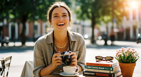 A young woman sitting at a table with a camera and books on a sunny dayの素材