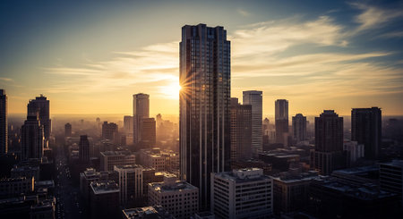 A city skyline at sunset with a tall skyscraper in the centerの素材