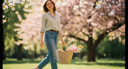 A smiling woman walking in a park with a basket of flowersの素材