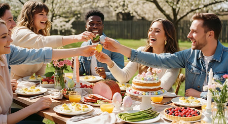 A group of friends enjoying a meal together outdoors in a sunny gardenの素材