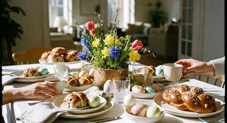 A beautifully set table with food and flowers for a special occasionの素材