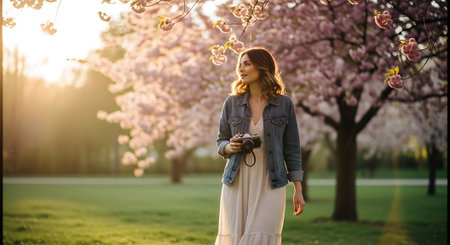 A young woman in a white dress holding a camera in a park with blooming cherry blossom trees during sunsetの素材