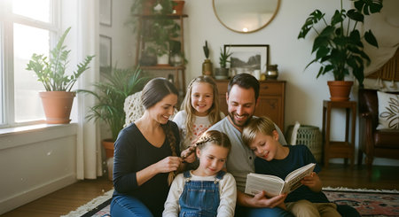 A happy family of five sitting together in a cozy living roomの素材