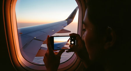 A person taking a photo of an airplane wing during sunsetの素材