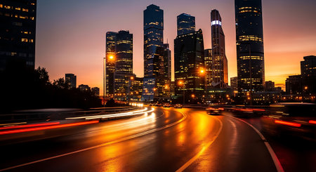 A cityscape at dusk with a busy highway and skyscrapers in the backgroundの素材