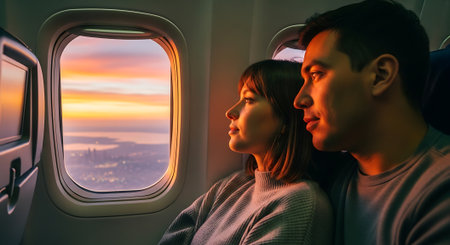 A couple gazes out the airplane window at a breathtaking sunsetの素材