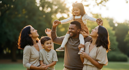 A happy multi-generational family enjoying quality time together outdoorsの素材